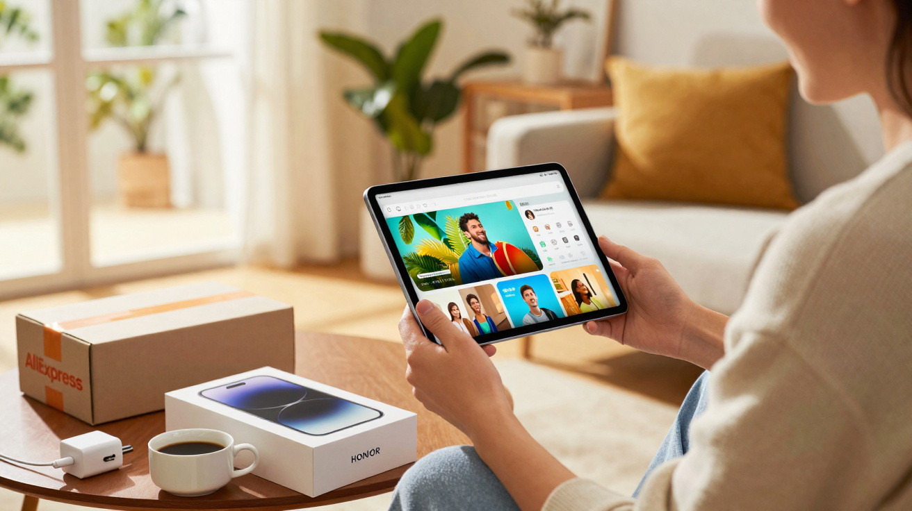 Pessoa segurando tablet com chamada de vídeo, ao lado caixa de celular HONOR, pacote AliExpress e café.