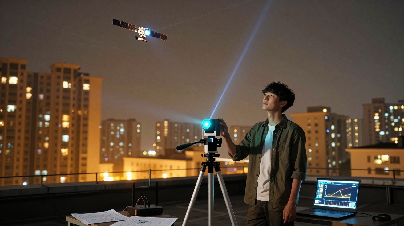 Jovem operando equipamento projetando luz em satélite à noite em telhado urbano com laptop e plantas.