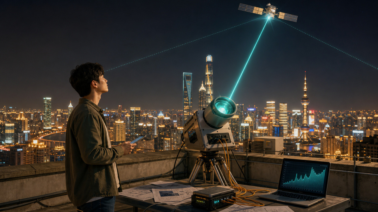 Homem operando equipamento com laser que se conecta a um satélite sobre a cidade iluminada à noite.