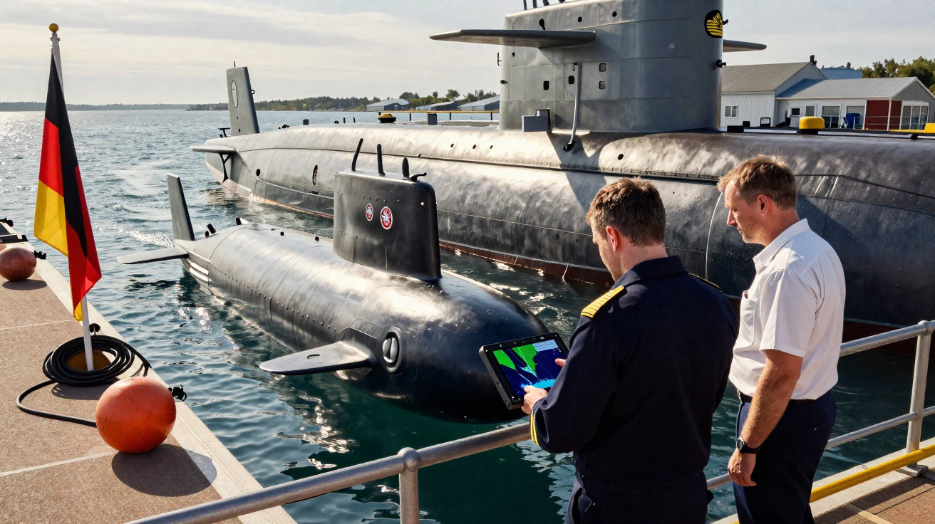 Dois homens observam submarinos ancorados em um cais, com bandeira da Alemanha à esquerda.