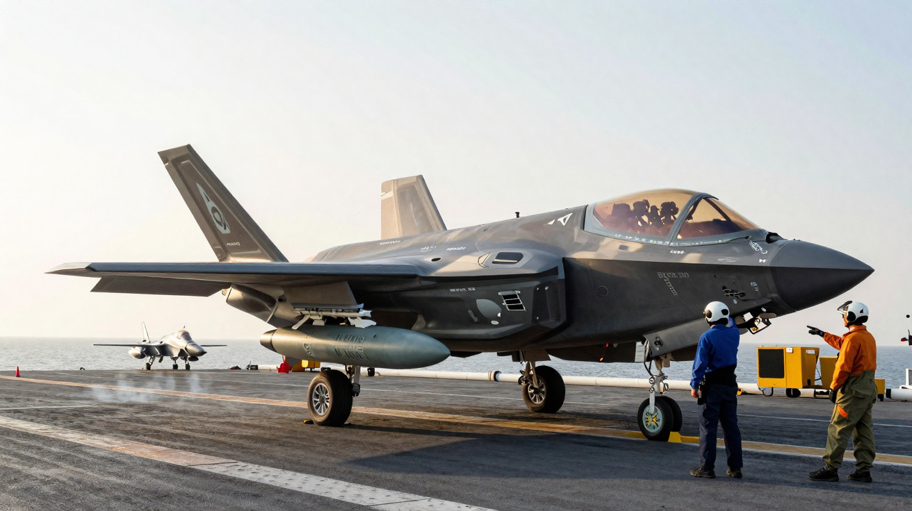 Caça F-35 estacionado em porta-aviões com pilotos e marinha ao redor durante o pôr do sol.