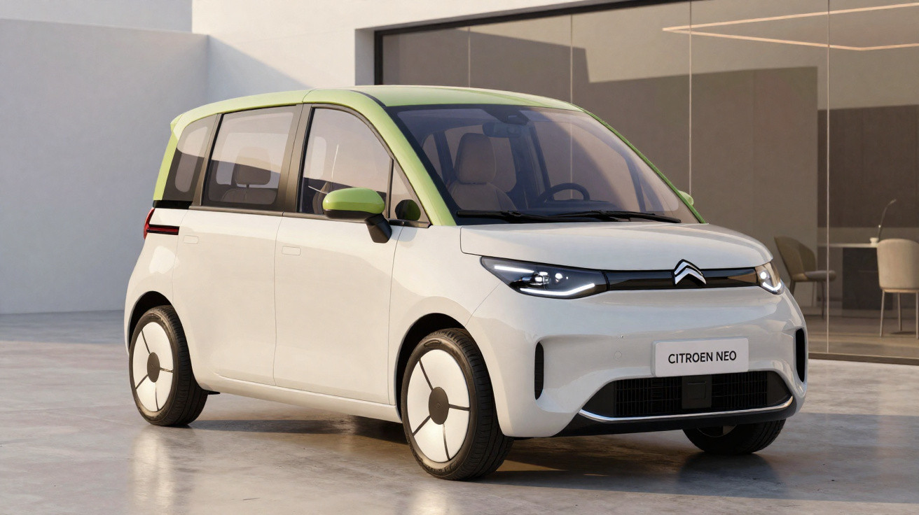 Carro elétrico Citroën Neo branco com teto verde, estacionado em área moderna com vidro ao fundo.