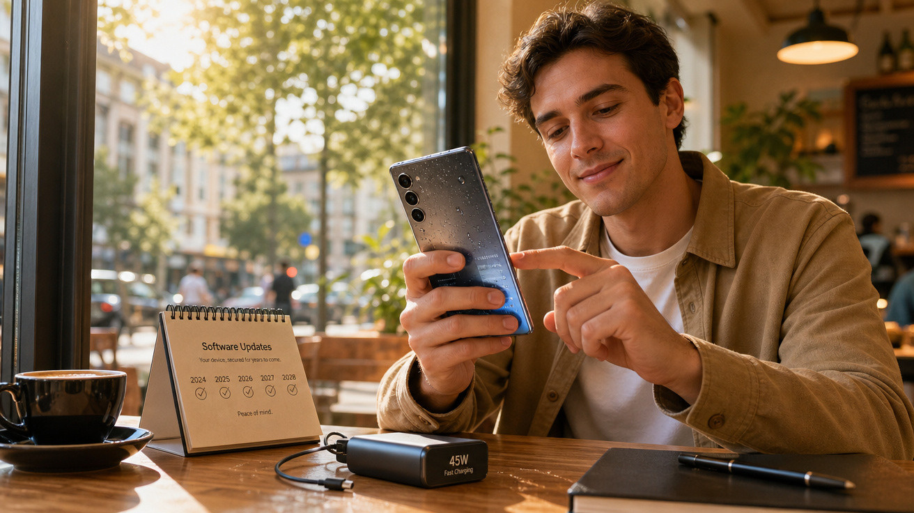 Homem sorrindo usando smartphone em café com carregador portátil e caderno na mesa.