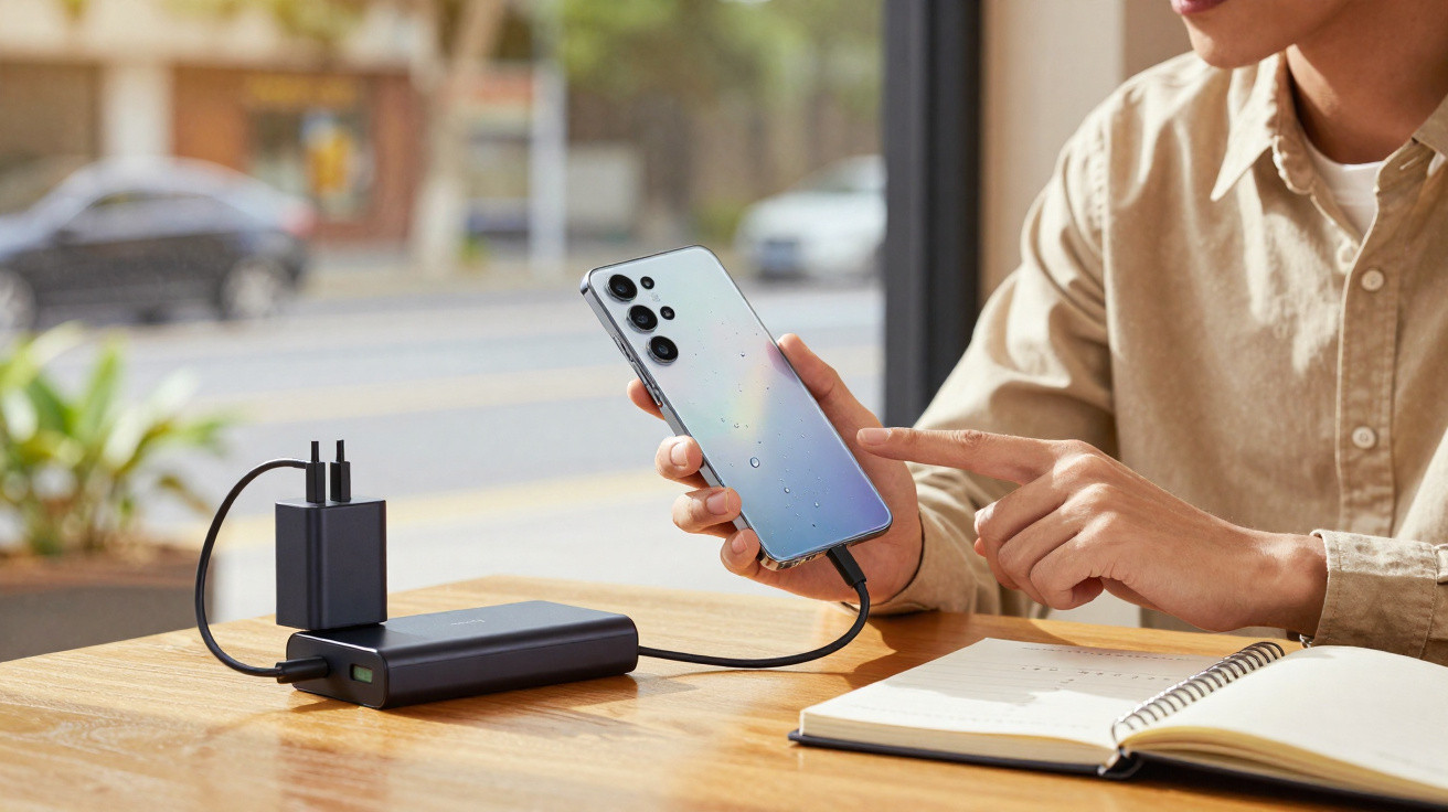 Pessoa segurando celular conectado a power bank para carregar bateria em mesa com caderno aberto.
