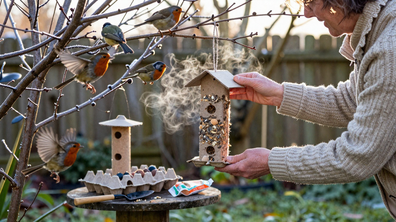 Pessoa alimenta pássaros em comedouro cercado por galhos e outros pássaros em um jardim ao entardecer.