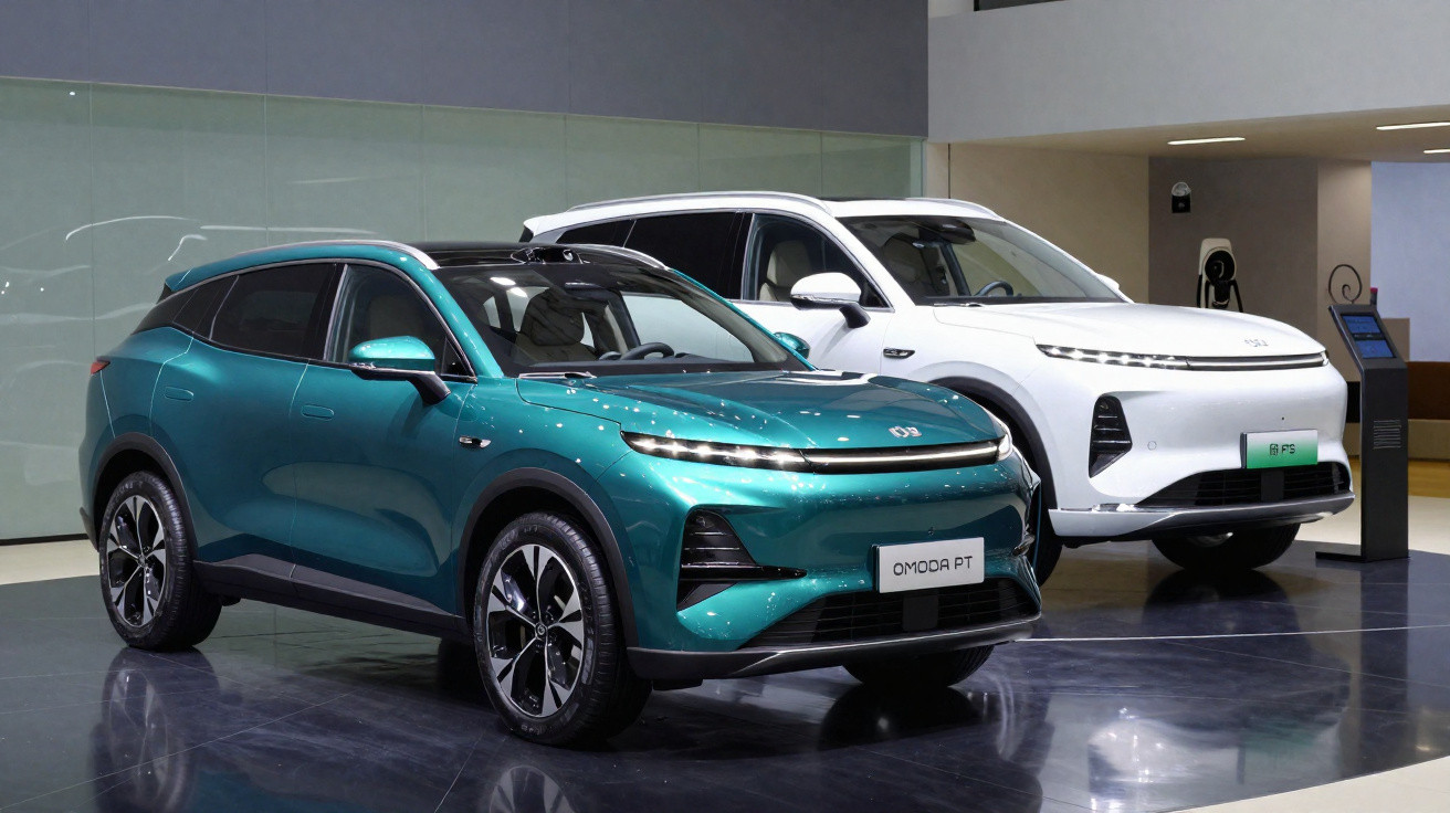 Dois SUVs elétricos modernos em exibição, um verde e outro branco, em ambiente interno de showroom.