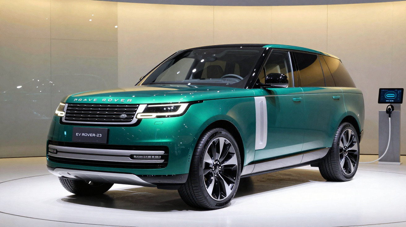 SUV elétrico Range Rover verde em exposição com carregador ao fundo em ambiente interno.