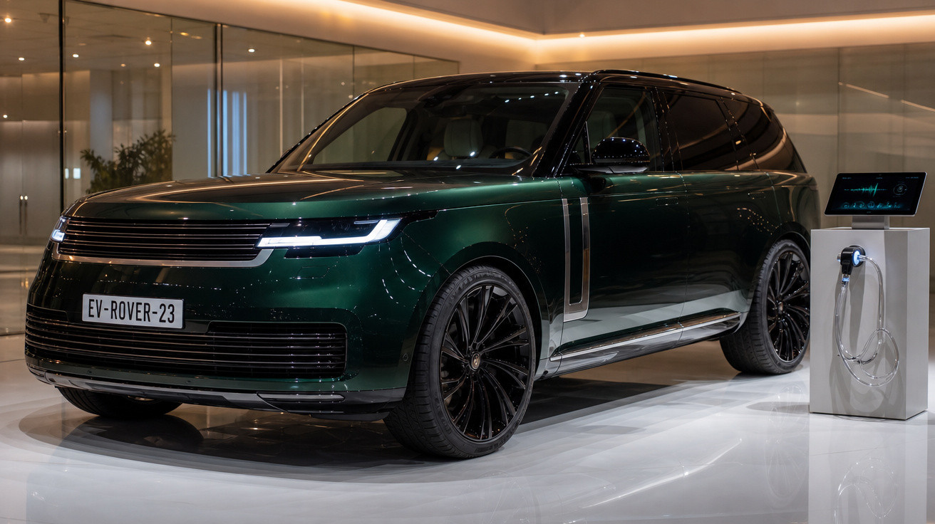 Carro elétrico SUV verde escuro estacionado em ambiente moderno, próximo a estação de recarga.
