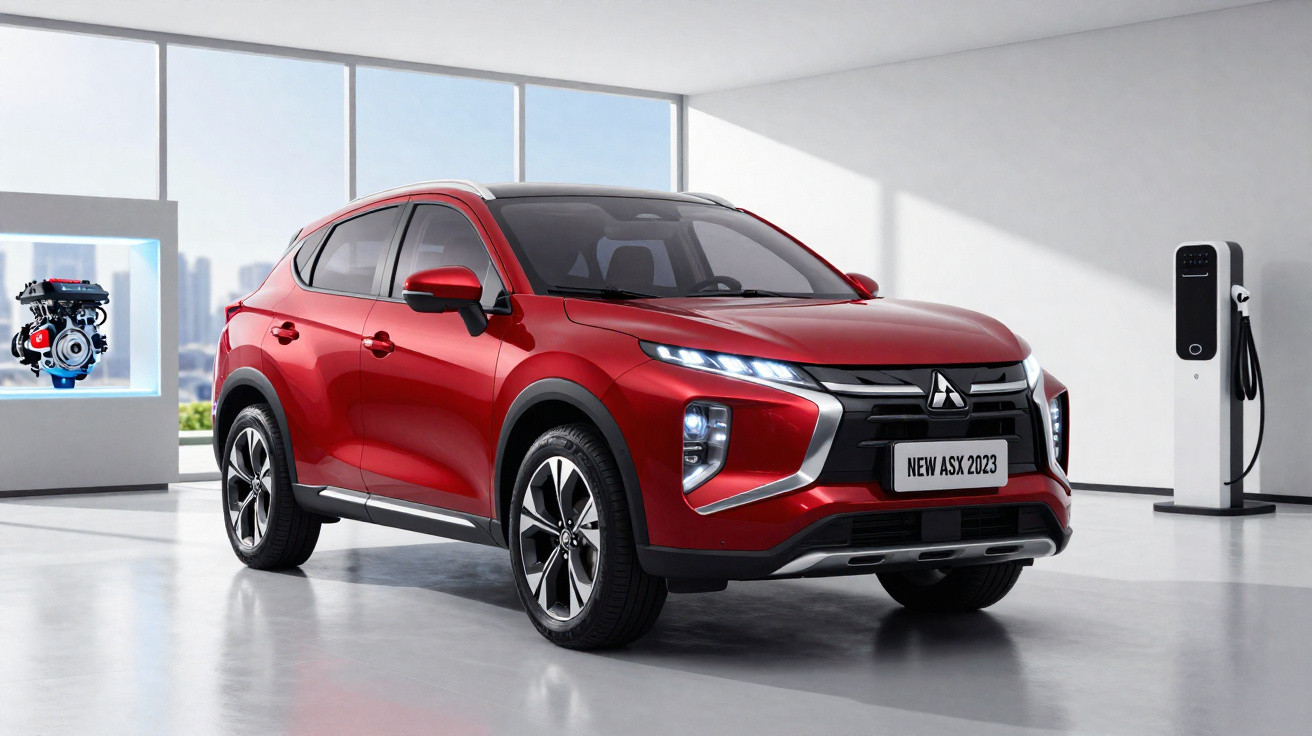 Carro SUV vermelho Mitsubishi ASX 2023 em ambiente interno com carregador elétrico branco ao fundo.