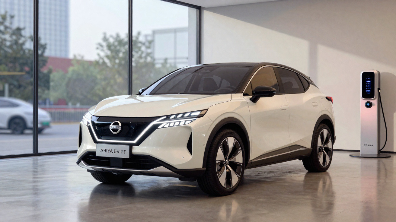 Carro elétrico Nissan Ariya EV PT branco estacionado ao lado de carregador dentro de showroom moderno.