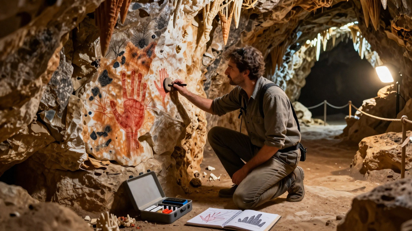 Homem estudando pinturas rupestres de mãos vermelhas dentro de caverna com equipamento e caderno aberto.