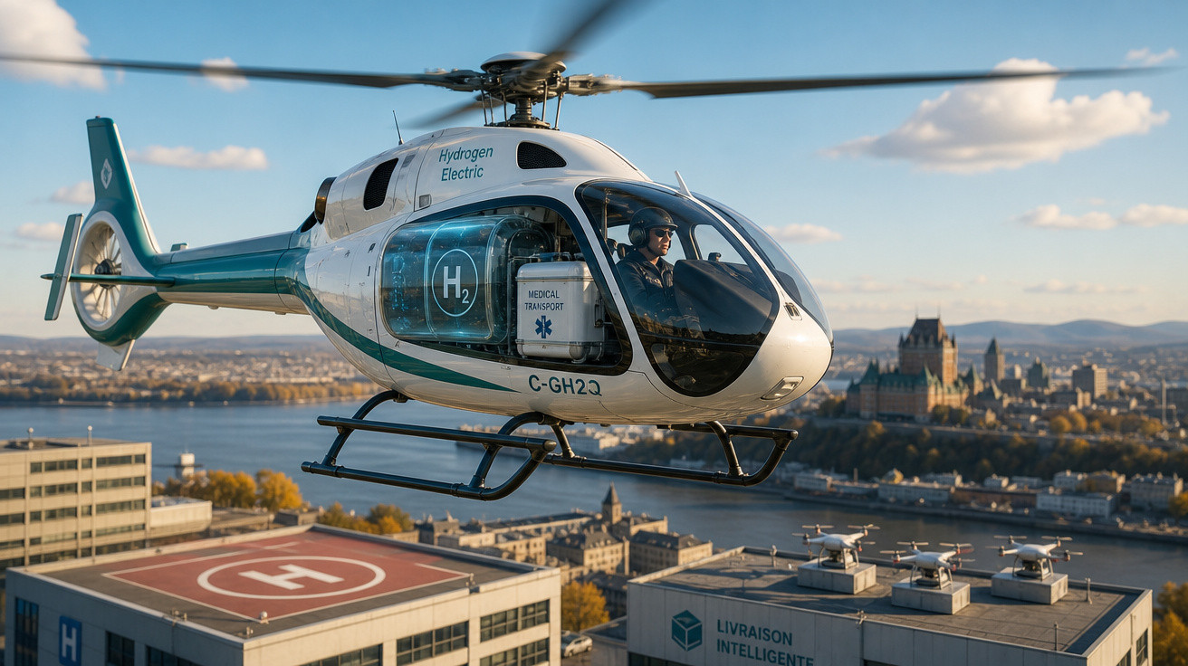 Helicóptero elétrico movido a hidrogênio voando sobre edifícios urbanos com heliponto e horizonte ao fundo.