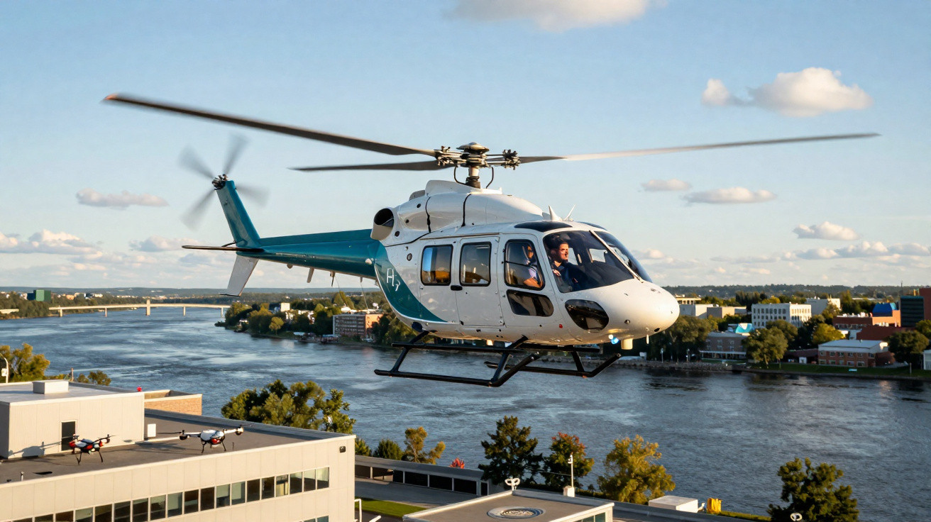 Helicóptero branco e azul voando sobre edifícios e rio em dia ensolarado com céu parcialmente nublado.