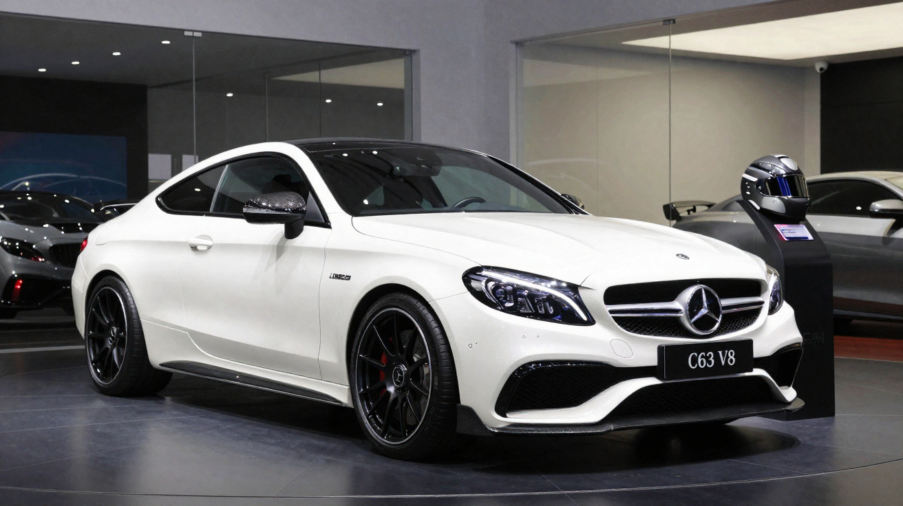 Carro esportivo branco Mercedes-Benz C63 AMG V8 exposto em salão de automóveis moderno.
