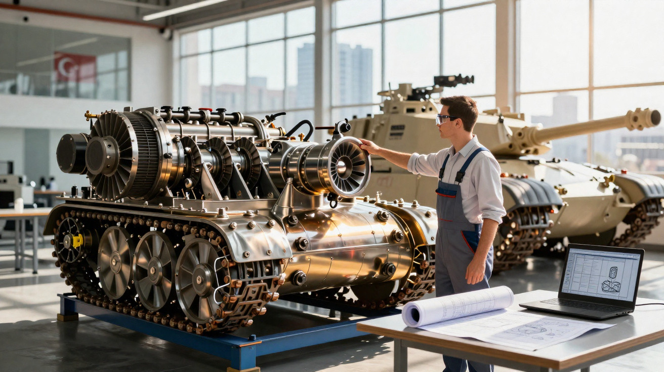 Engenheiro inspeciona motor de tanque em oficina com tanque completo ao fundo e mesa com laptop e projetos.