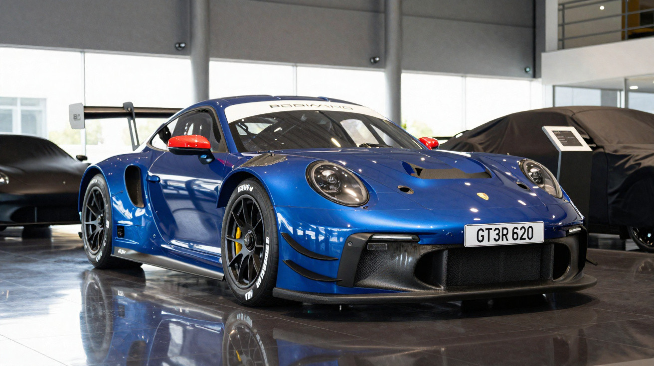 Carro esportivo azul Porsche GT3R 620 em exposição interna com detalhes em vermelho e rodas pretas.