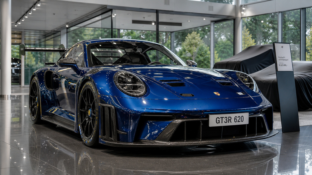 Carro esportivo azul Porsche GT3R 620 exposto em showroom moderno com paredes de vidro.