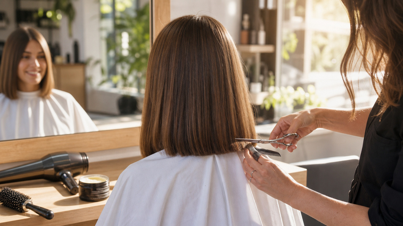 Cabeleireiro cortando cabelo de mulher com cabelo liso e curto em salão iluminado pela luz natural.