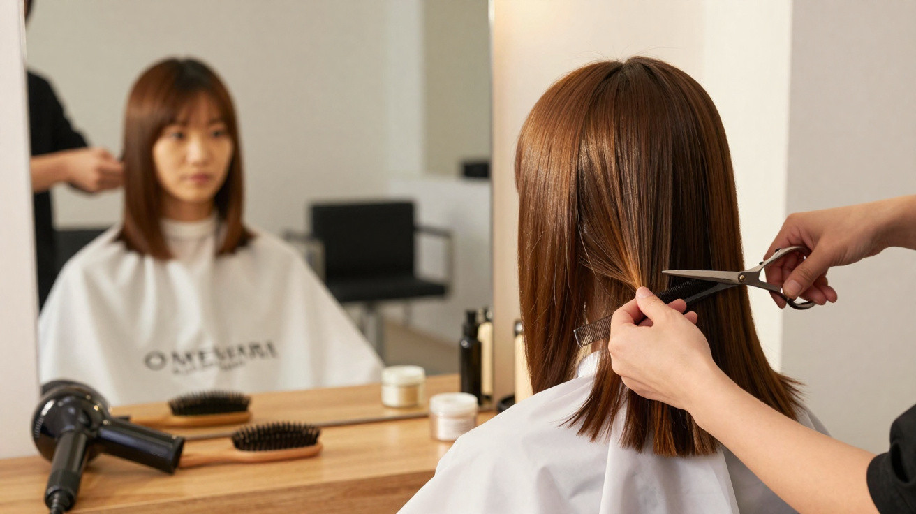 Mulher com cabelo castanho sendo cortado em salão de beleza, vista pelo espelho.