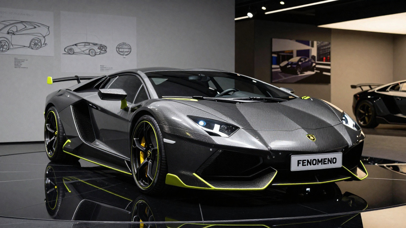 Carro esportivo Lamborghini Fenomeno cinza com detalhes amarelos em exposição em salão automotivo.