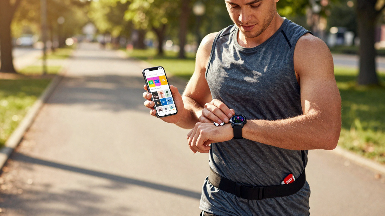 Homem vestindo roupa esportiva verifica relógio smartwatch e segura celular em parque ensolarado.