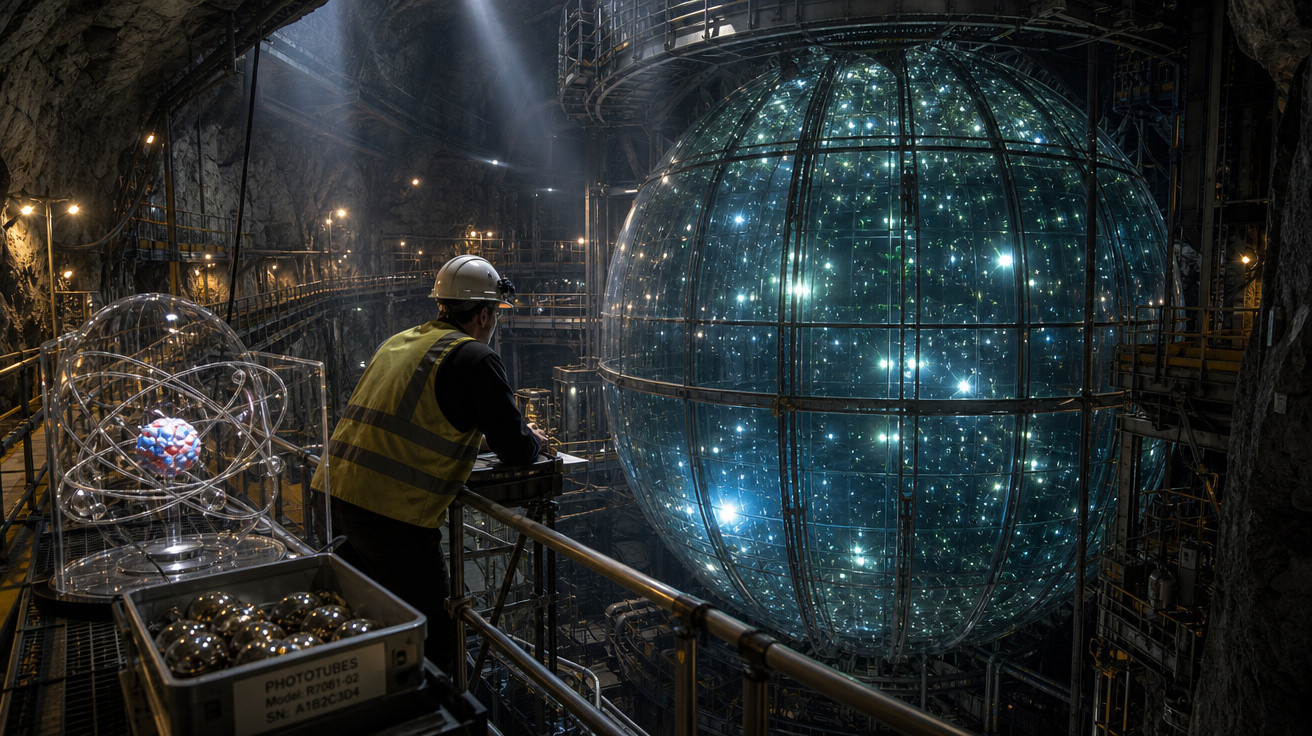 Homem com capacete e colete observa grande esfera iluminada em ambiente industrial subterrâneo.