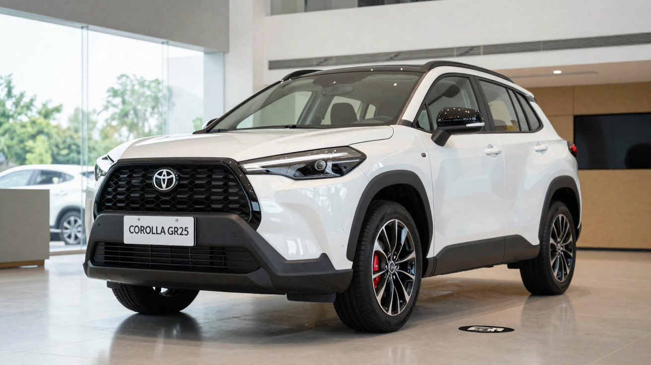 Carro branco Toyota Corolla GR25 SUV em exposição dentro de showroom moderno e iluminado.
