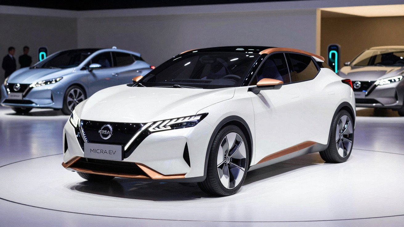Carro elétrico Nissan Micra EV branco com detalhes cobre em exposição em salão automotivo.