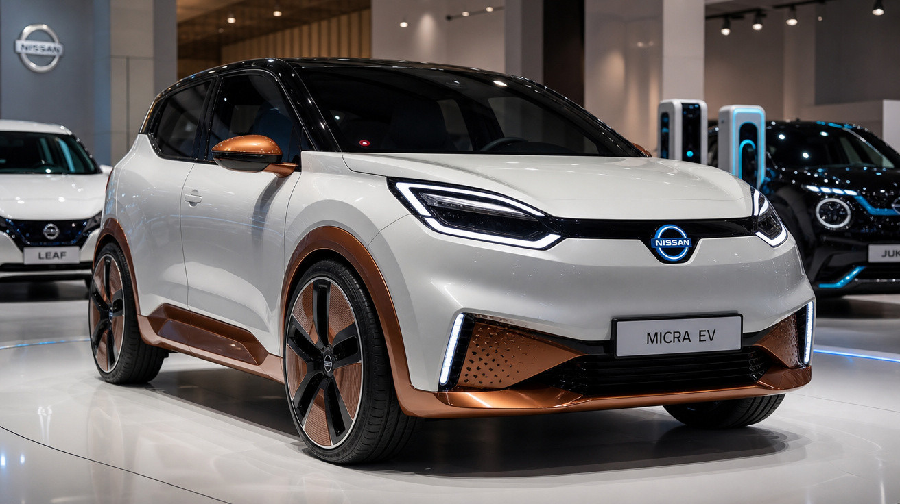 Carro elétrico Nissan Micra EV branco com detalhes em cobre exposto em salão automotivo moderno.