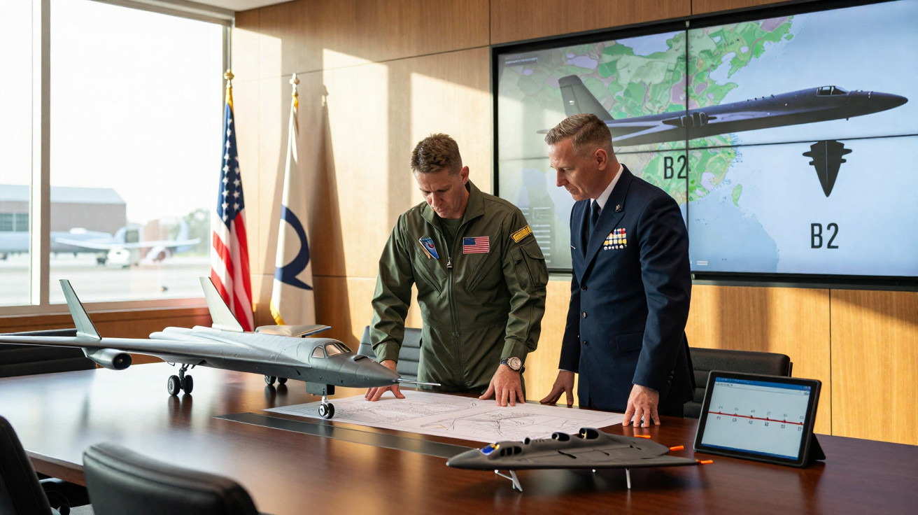 Dois militares analisam planta baixa em mesa com maquetes de aviões e mapa de voo na tela ao fundo.