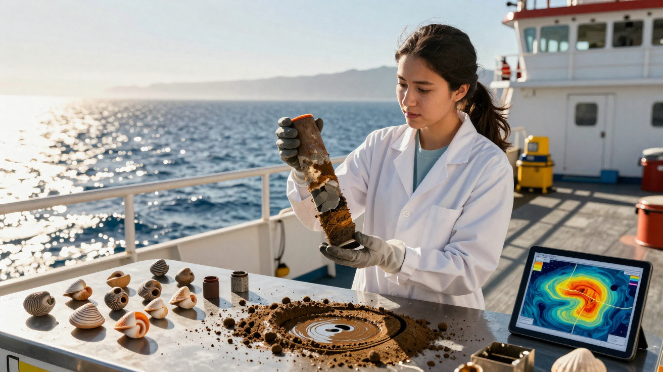 Mulher cientista em laboratório de navio segurando amostra de sedimento marinho com conchas ao redor.