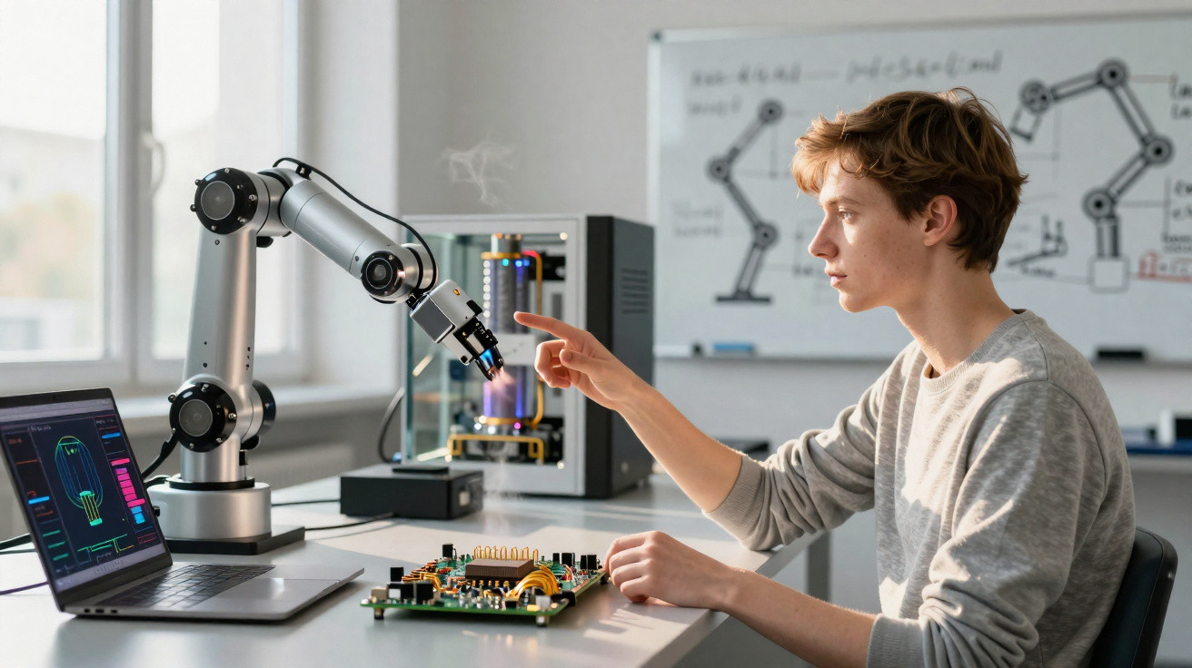 Jovem trabalhando com braço robótico e placa eletrônica em laboratório de tecnologia.