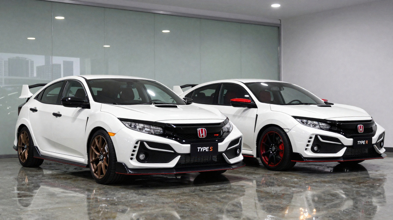 Dois carros Honda Civic Type R e Type S brancos estacionados em piso de garagem com parede de vidro ao fundo.