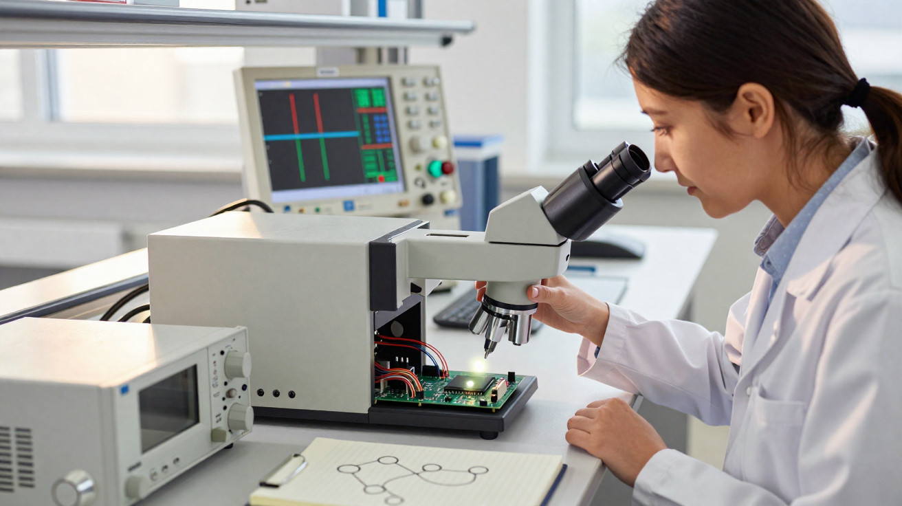 Mulher cientista em jaleco usando microscópio para examinar placa de circuito em laboratório tecnológico.