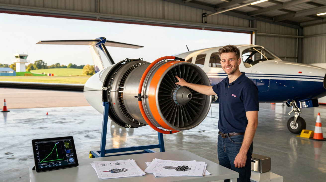 Homem apresenta turbina de avião em hangar com aeronave ao fundo e desenhos técnicos na mesa.