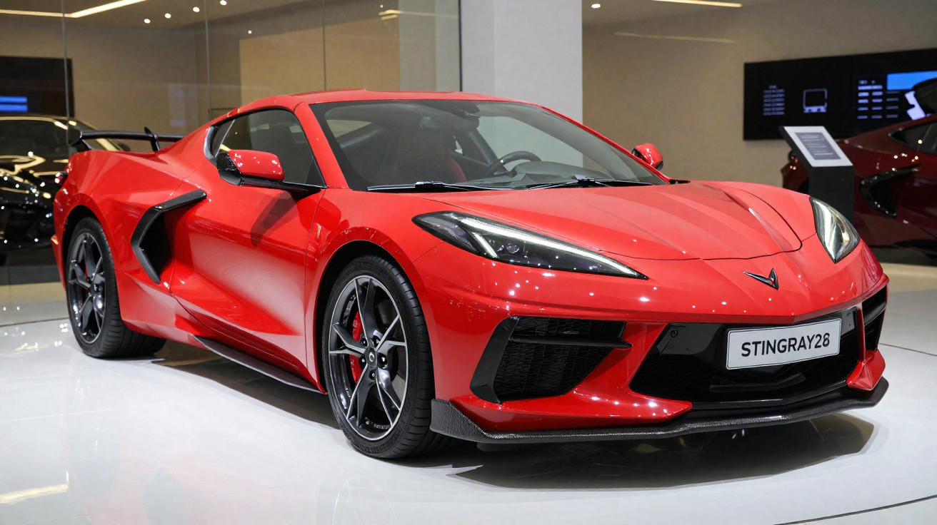 Carro esportivo vermelho Chevrolet Corvette Stingray 2026 em exposição interna, vista frontal lateral direita.