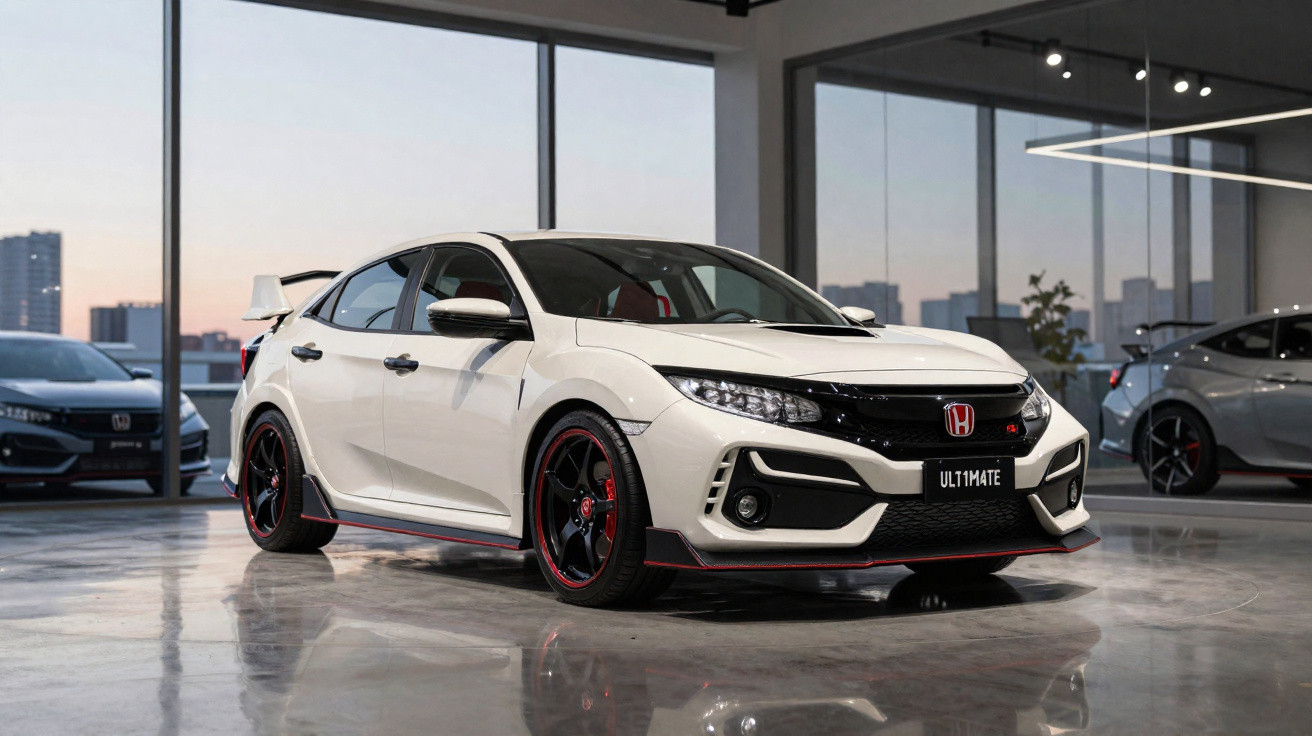 Carro esportivo branco Honda Civic com detalhes em vermelho em showroom moderno com vidros grandes e piso refletivo.