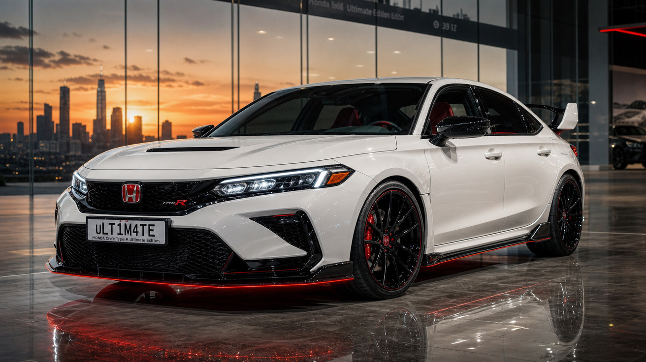Carro esportivo branco Honda Civic Type R Ultimate Edition em garagem com reflexo e horizonte ao pôr do sol.