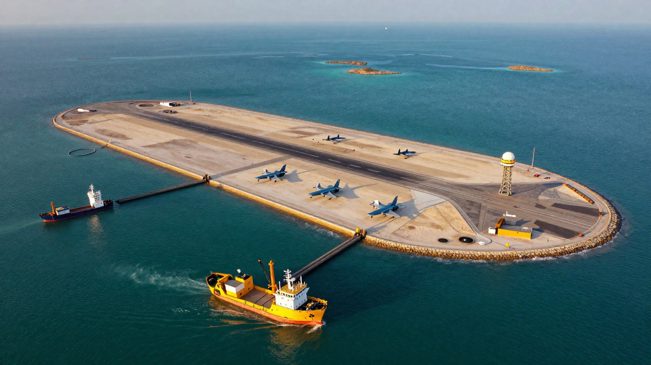 Ilha artificial com pista de pouso, jatos militares e barcos ao redor em mar azul.