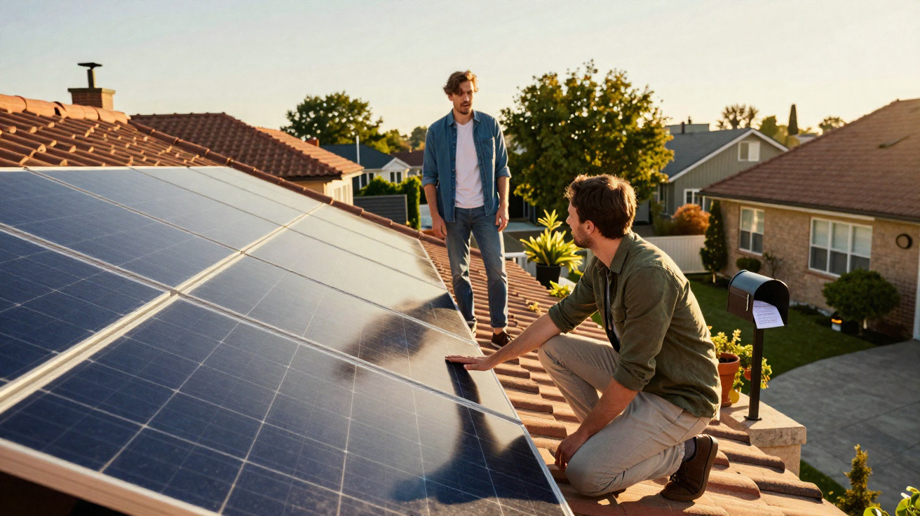 Dois homens inspecionam painéis solares instalados no telhado de uma casa em bairro residencial.