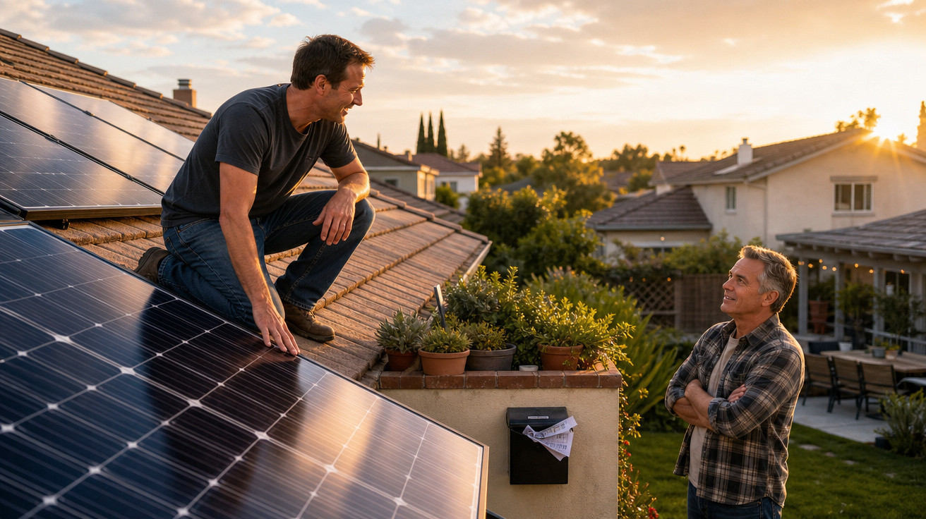 Homem verifica painel solar no telhado enquanto conversa com outro homem em casa ao pôr do sol.