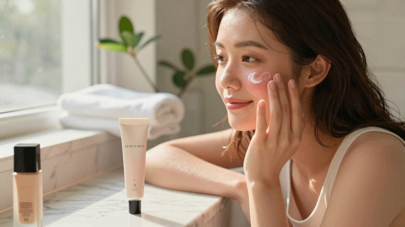 Mulher aplicando creme facial perto da janela com produtos de cuidados da pele sobre bancada branca.