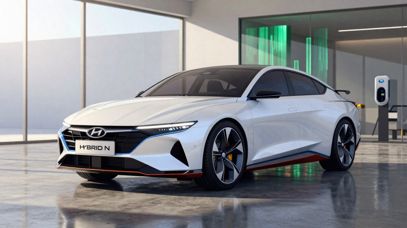 Carro elétrico híbrido branco Hyundai Hybrid N estacionado em garagem moderna com estação de recarga.