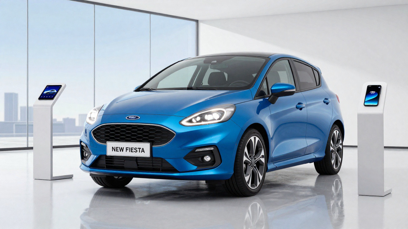 Carro hatch azul Ford New Fiesta exposto em ambiente moderno com parede de vidro ao fundo.