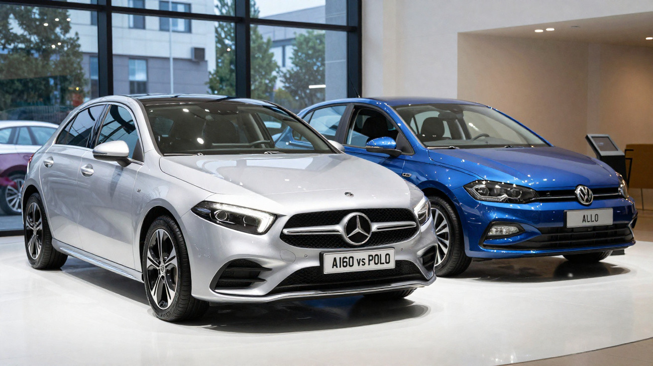 Dois carros exibidos em showroom: Mercedes-Benz prata ao lado de Volkswagen Polo azul.