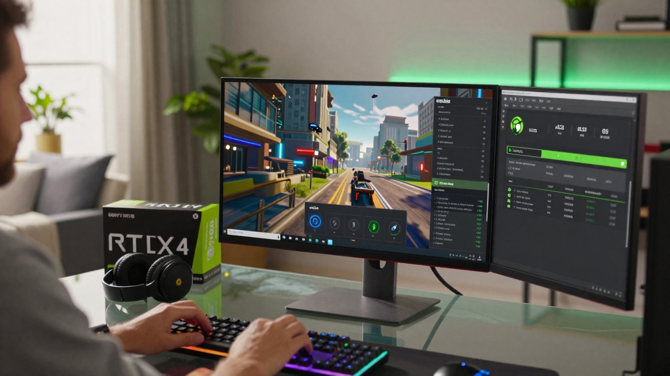Pessoa jogando em computador com dois monitores em mesa de vidro, caixa de placa RTX 40 ao lado.
