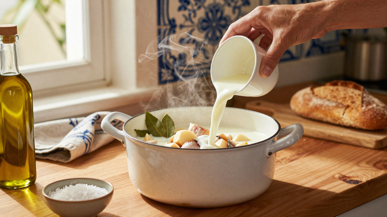 Pessoa despejando leite em panela com ingredientes para cozinhar, ao lado azeite, sal e pão.