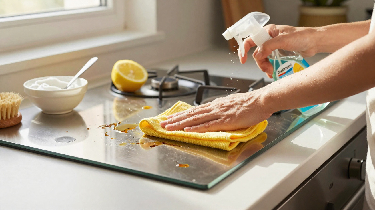 Pessoa limpando cooktop de vidro com pano amarelo e spray de limpeza na cozinha.