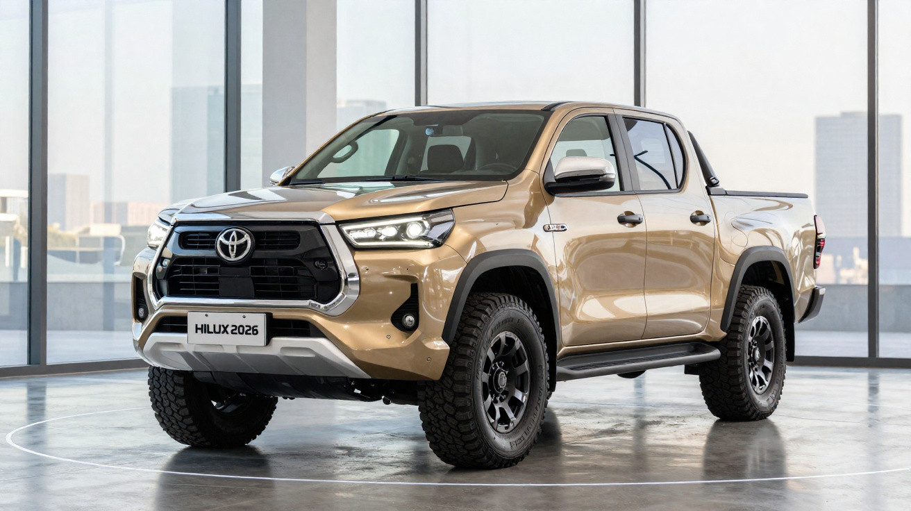 Picape Toyota Hilux 2026 dourada em ambiente interno com janelas grandes ao fundo.