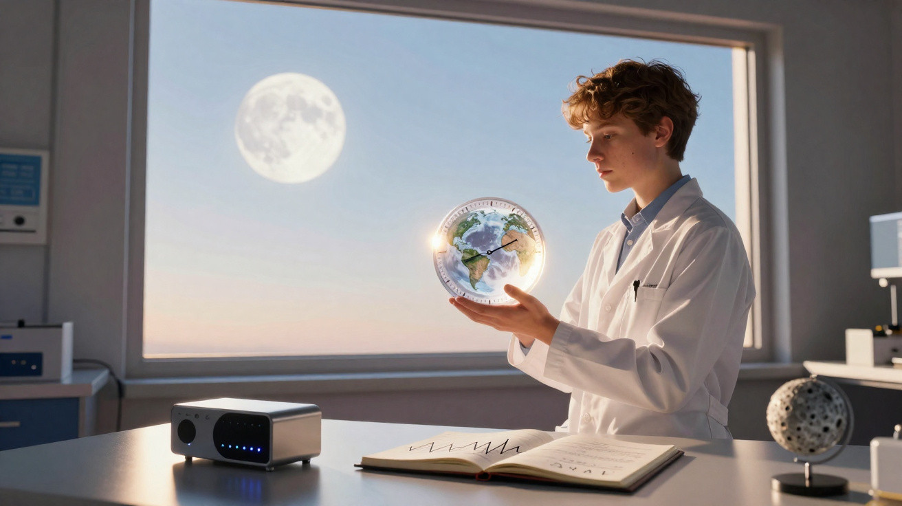 Jovem cientista em laboratório segurando modelo digital do planeta Terra com a Lua visível ao fundo.